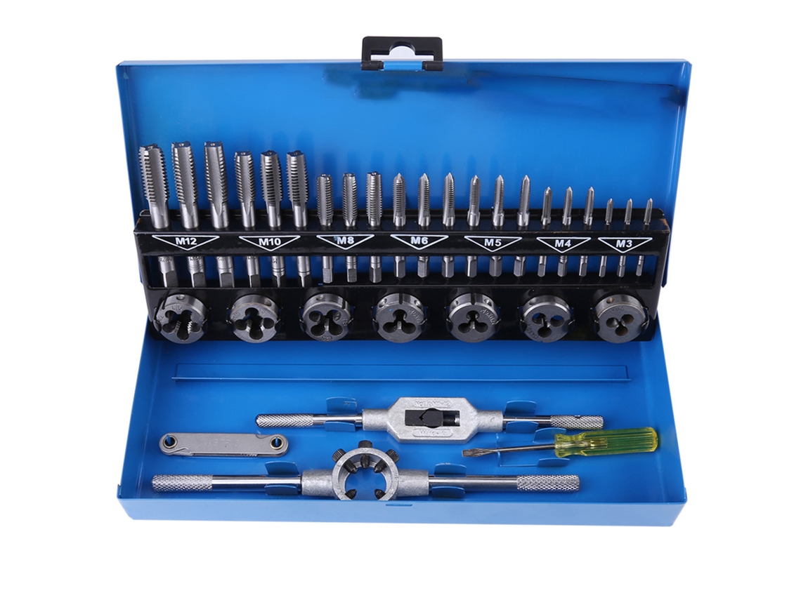 Conjunto De 32 Peças De Ferros De Roscar Laxiscreed Para Roscas M3 A M12 Com Chaves E Medidor De Roscas