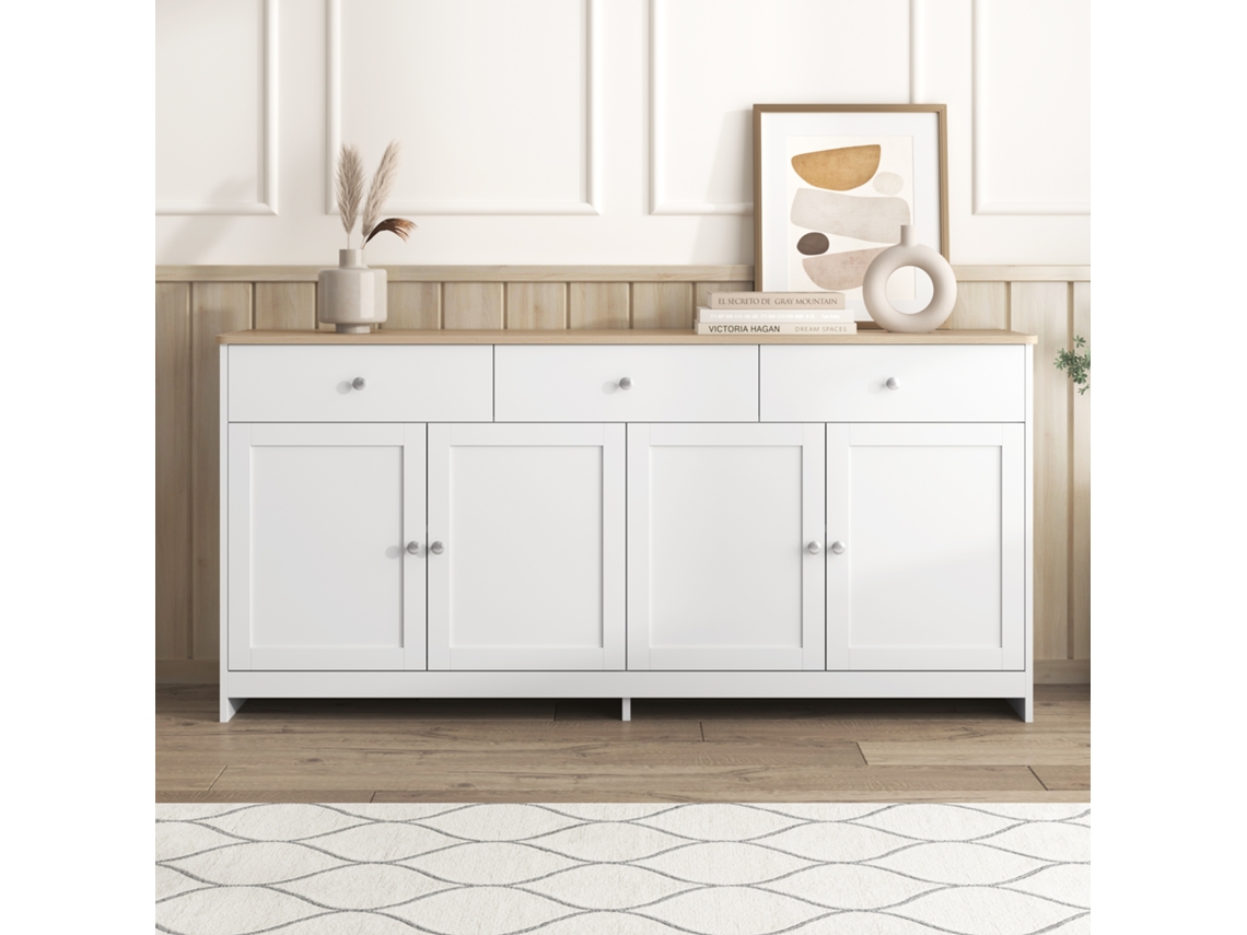 Aparador de madeira branca PAPRIKA com 4 portas e 3 gavetas, perfeito para sala de estar e quarto.