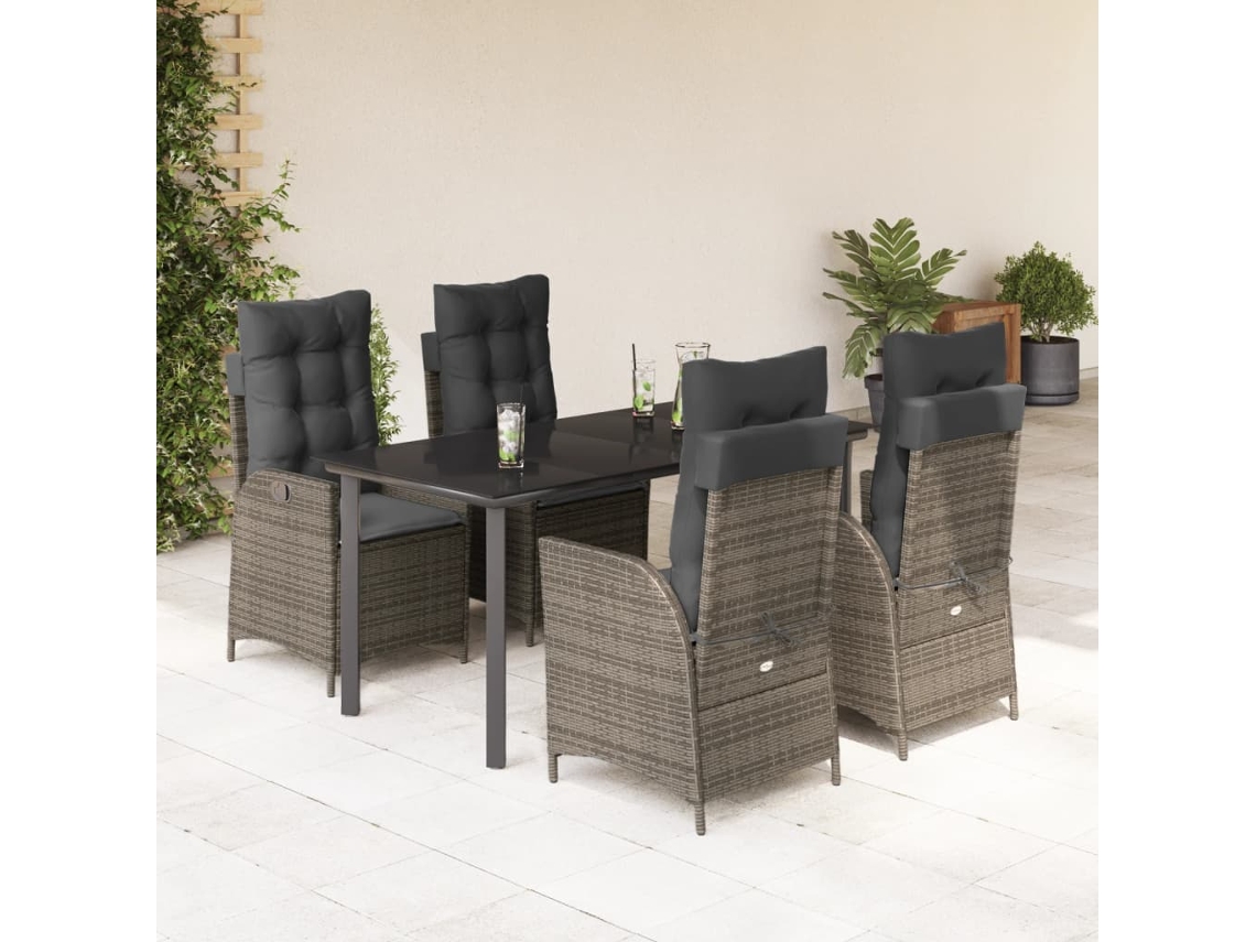 Vidaxl 5 Pcs Conjunto De Jantar P/ Jardim C/ Almofadões Vime Pe Cinza
