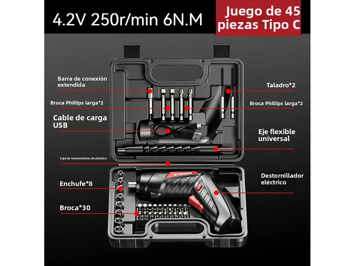 Conjunto De Parafusadeira Elétrica Recarregável Sem Fio De 4,2 V (45 Peças) Com Bateria E Furadeira.