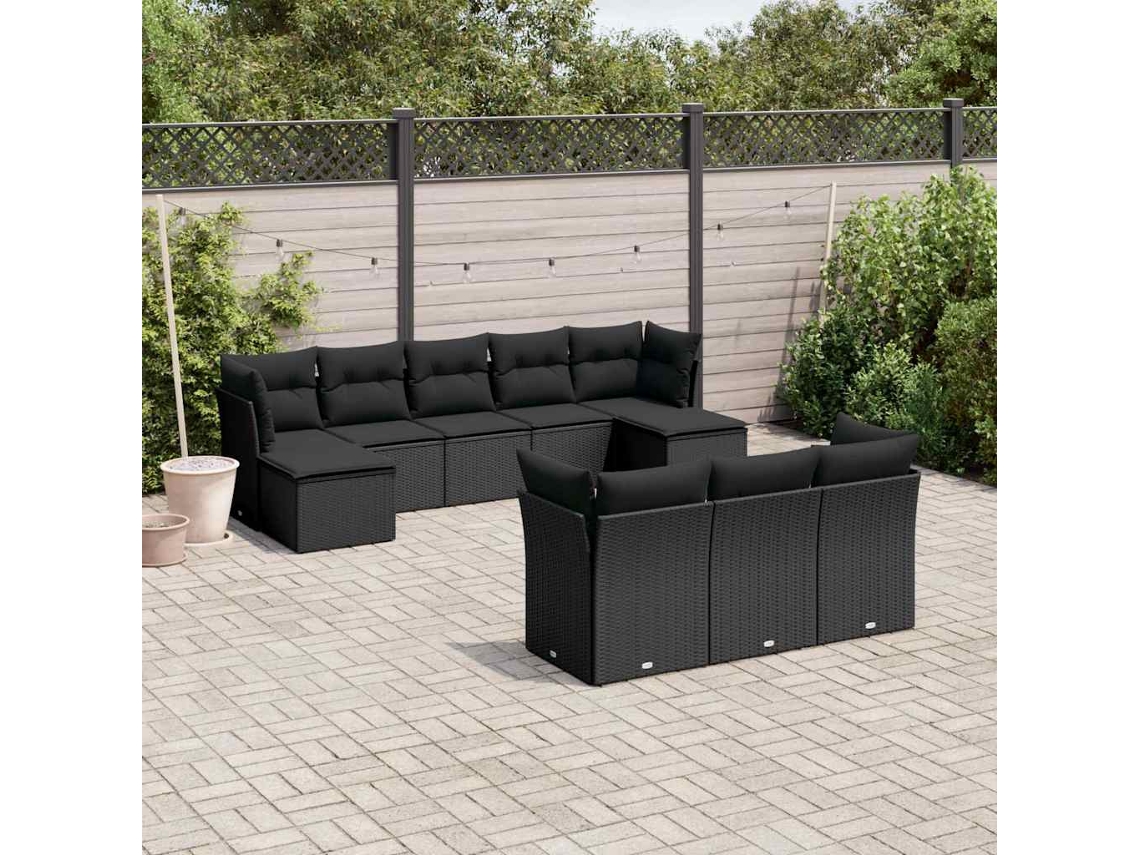 Vidaxl 10 Pcs Conjunto Sofás De Jardim C/ Almofadões Vime Pe Preto