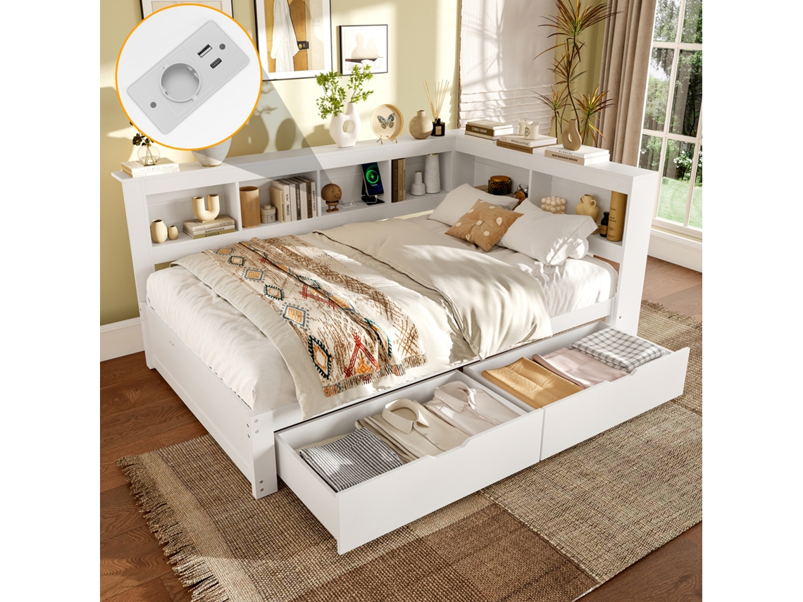 Sofá Cama 140x200 Cm Com Gavetas Tomada Usb Branco Sem Colchão
