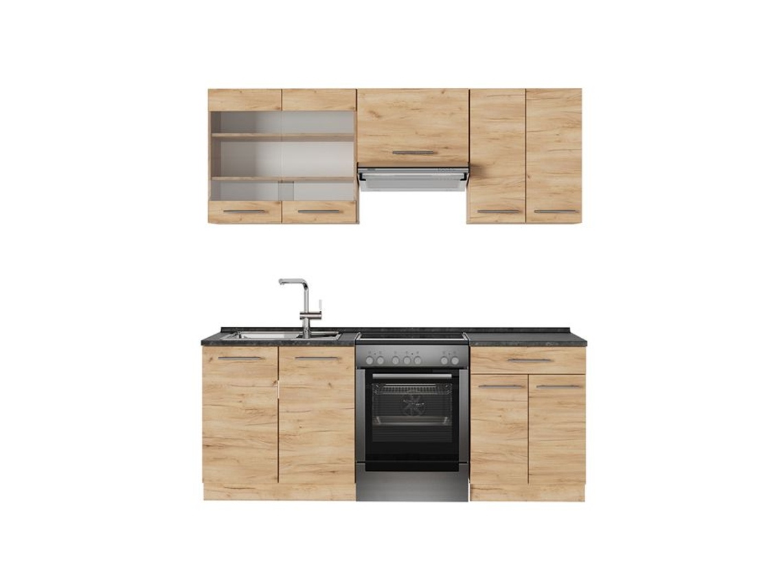Cozinha Fame Line, 200cm, Pt Antracite, Carvalho De Força Dourado, Carvalho De Força Dourado, Vicco