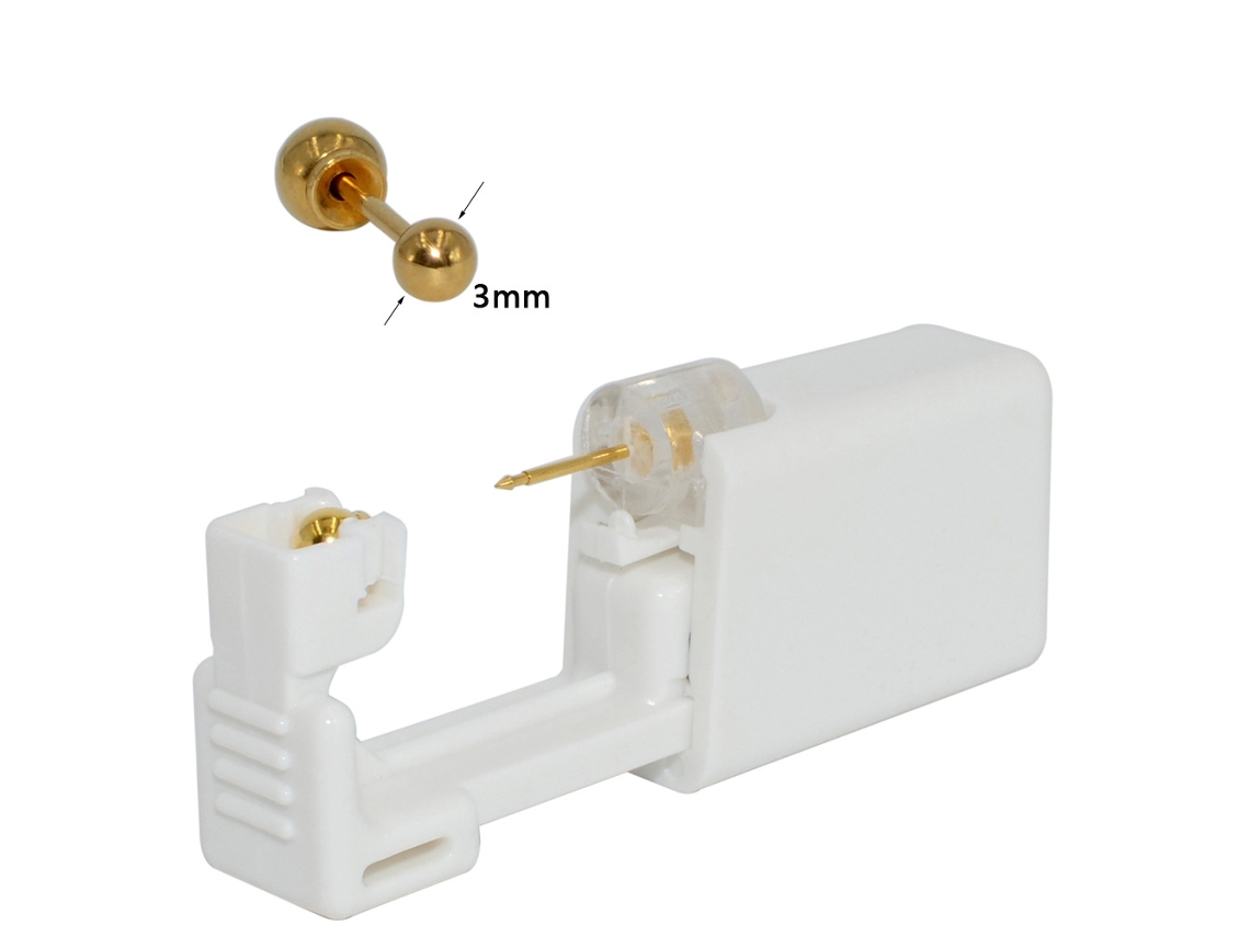 Piercing De Orelha, Dispositivo Descartável Para Perfuração, Estéril, Com Brincos De Aço Inoxidável (1 Par - Esfera Dourada De 3 Mm) Spqment