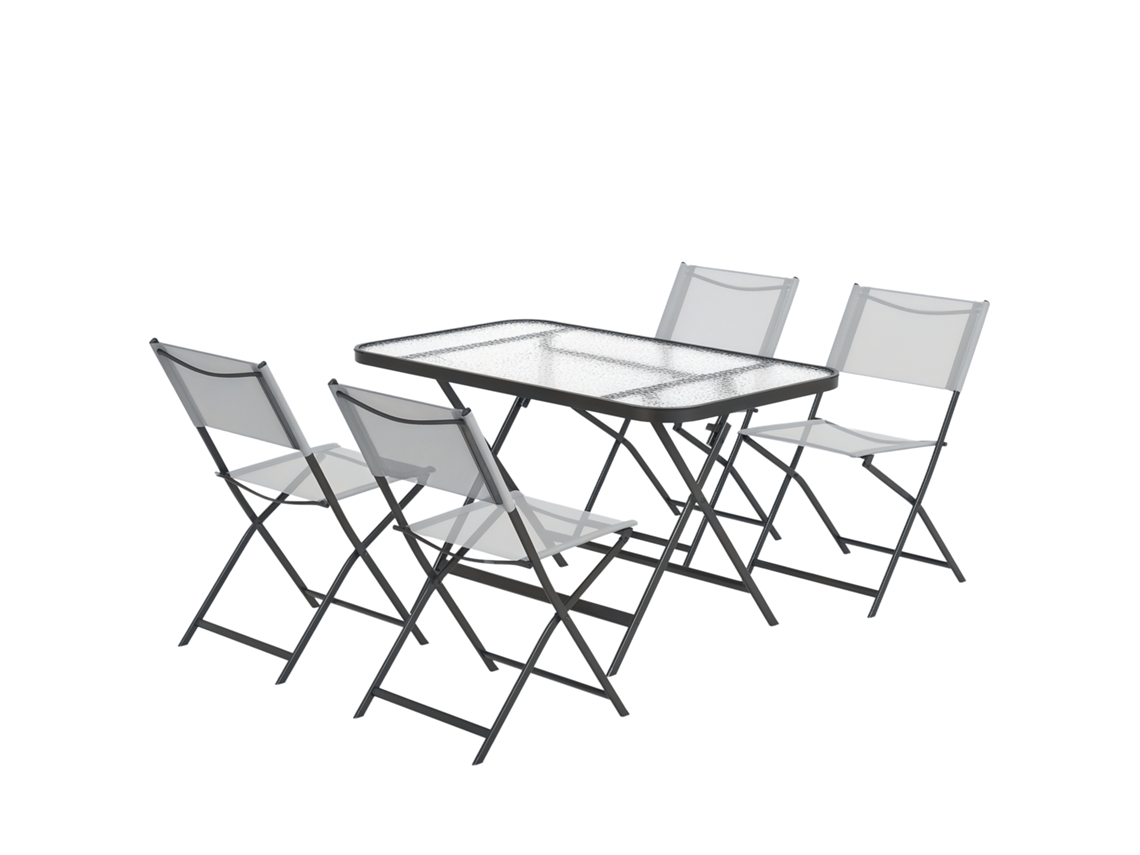 Conjunto Jardim 4 Cadeiras + 1 Mesa 5 Peças, Cadeiras Têxtil Empilháveis, Tampo Vidro Temperado Cinza