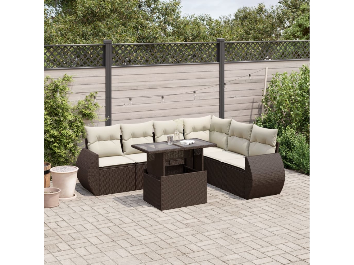 Vidaxl 7 Pcs Conjunto De Sofás Jardim C/ Almofadões Vime Pe Castanho