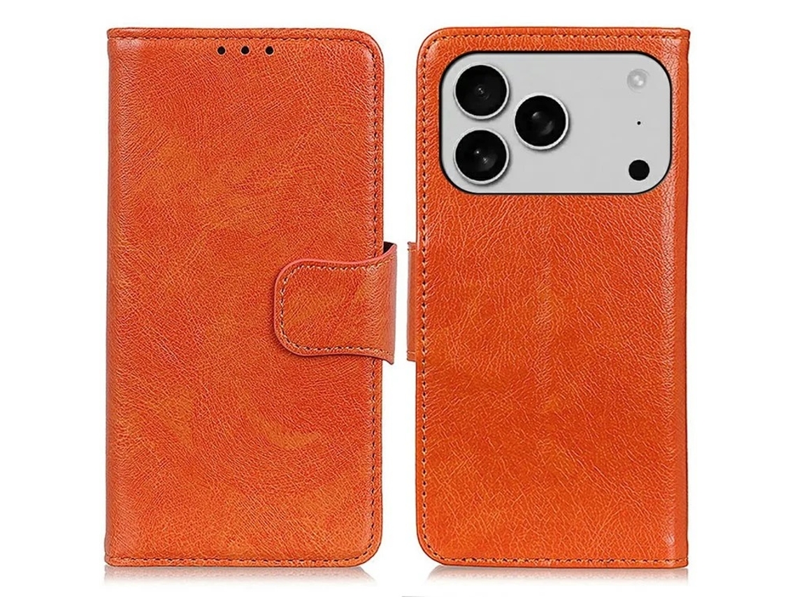 Capa Carteira Para Iphone 17 Pro Em Couro Genuíno - Laranja