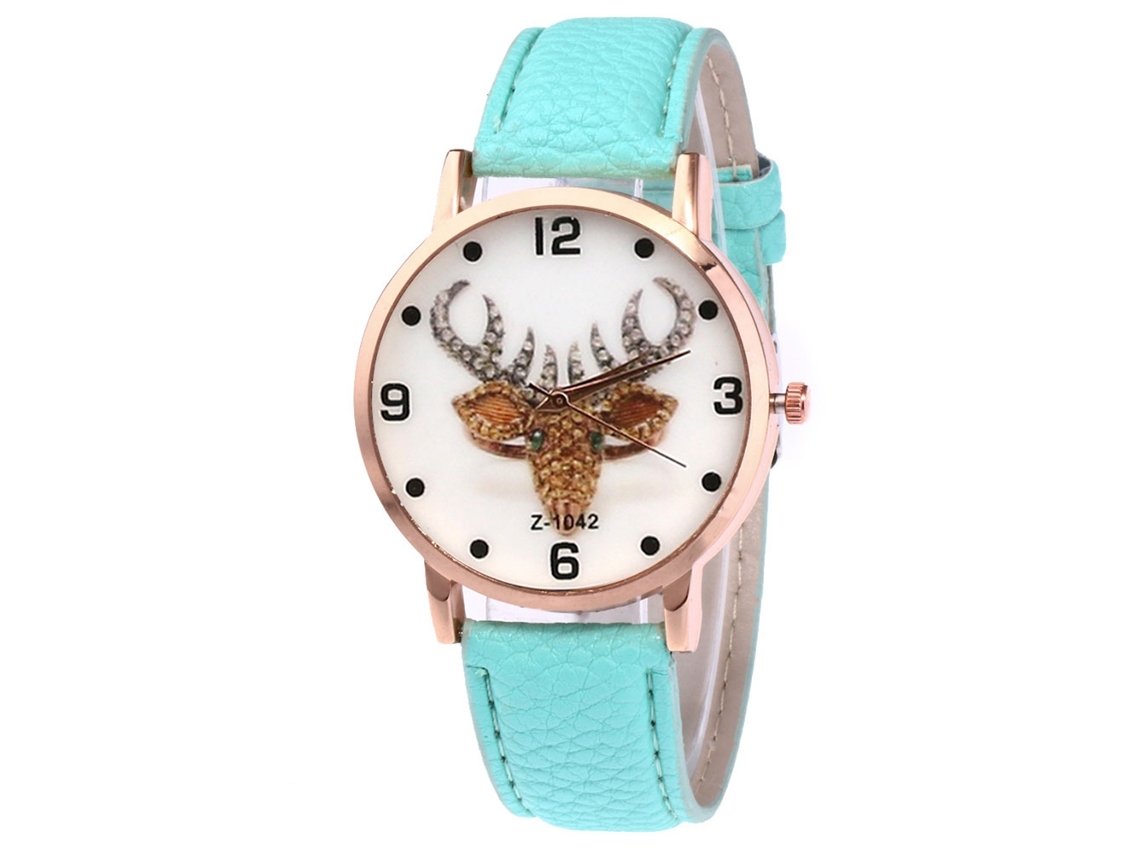 Relógio de quartzo unissex com pulseira de couro PU, mostrador com desenho de alce, Zhoulianfa (menta)