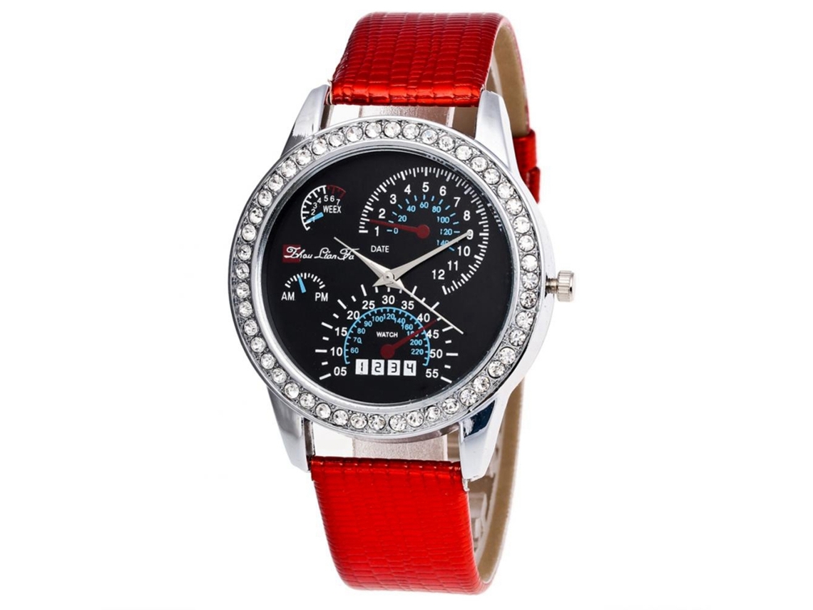 Reloj De Muñeca De Cuarzo Redondo Con Correa De Pu Y Strass Zhoulianfa (rojo)
