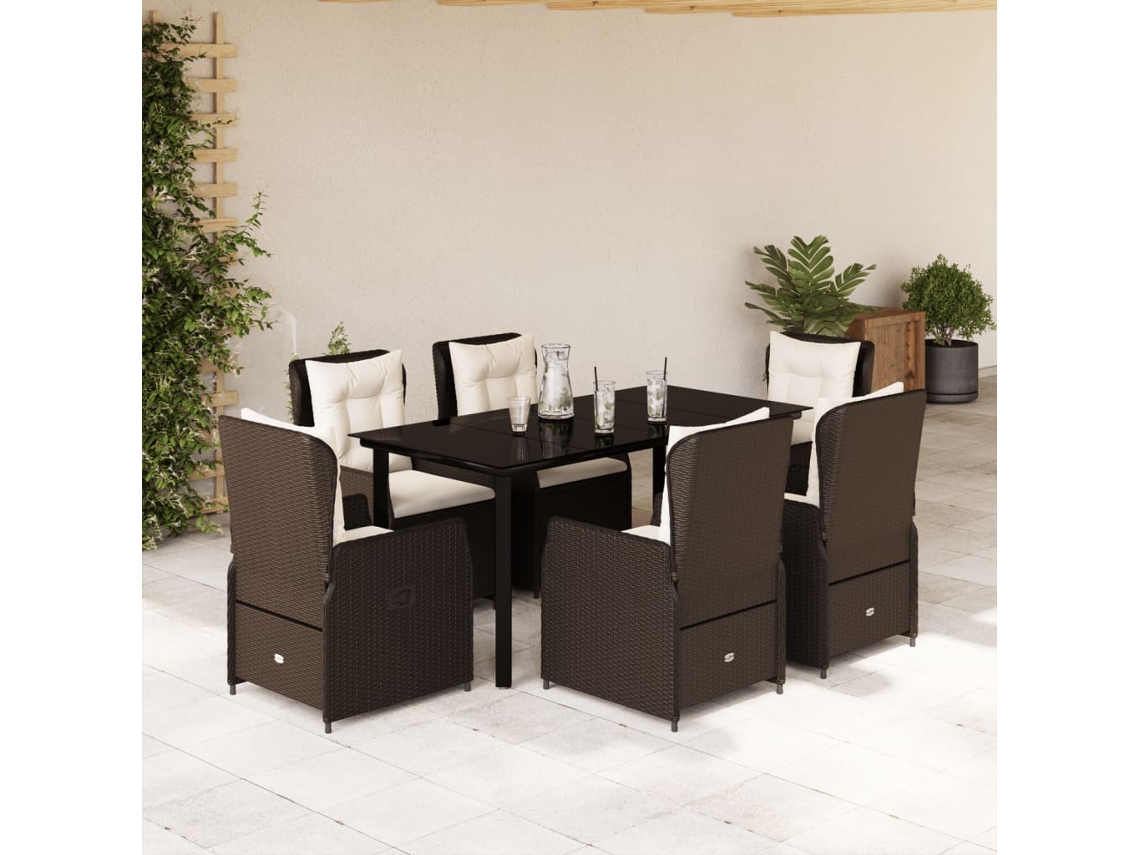 Vidaxl 7 Pcs Conjunto Jantar P/ Jardim C/ Almofadões Vime Pe Castanho
