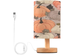 Abajur De Cabeceira Em Formato Abóbora Colorida, Com Led, Cúpula De Tecido, Base De Madeira E Porta Usb, Ideal Para