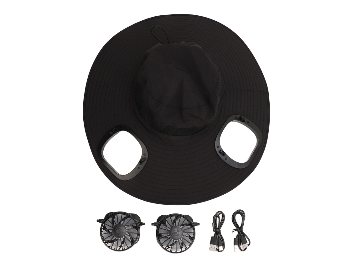 Chapéu Solar Ajustável com Ventilador Grande Aba Preto