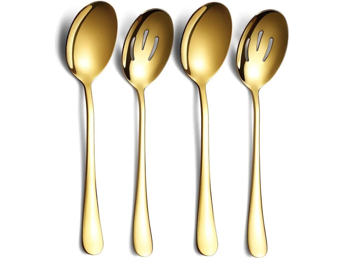 Conjunto de utensílios de aço inoxidável com 4 peças coloridas: 2 colheres e 2 espátulas.