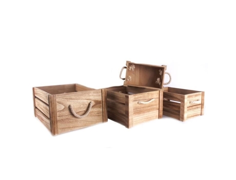 Conjunto de 4 caixotes de madeira com cordas - 41 x A. 20 cm - Castanho - SIL