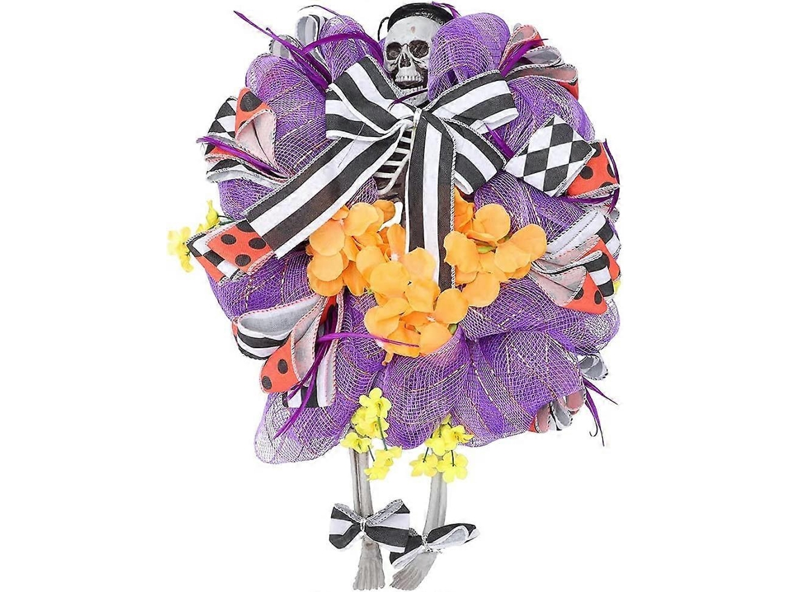 Rebe guirnalda de Abóbora para Halloween com Caveira, Arco Listrado e Flores Artificiais Decoração de Porta Preta