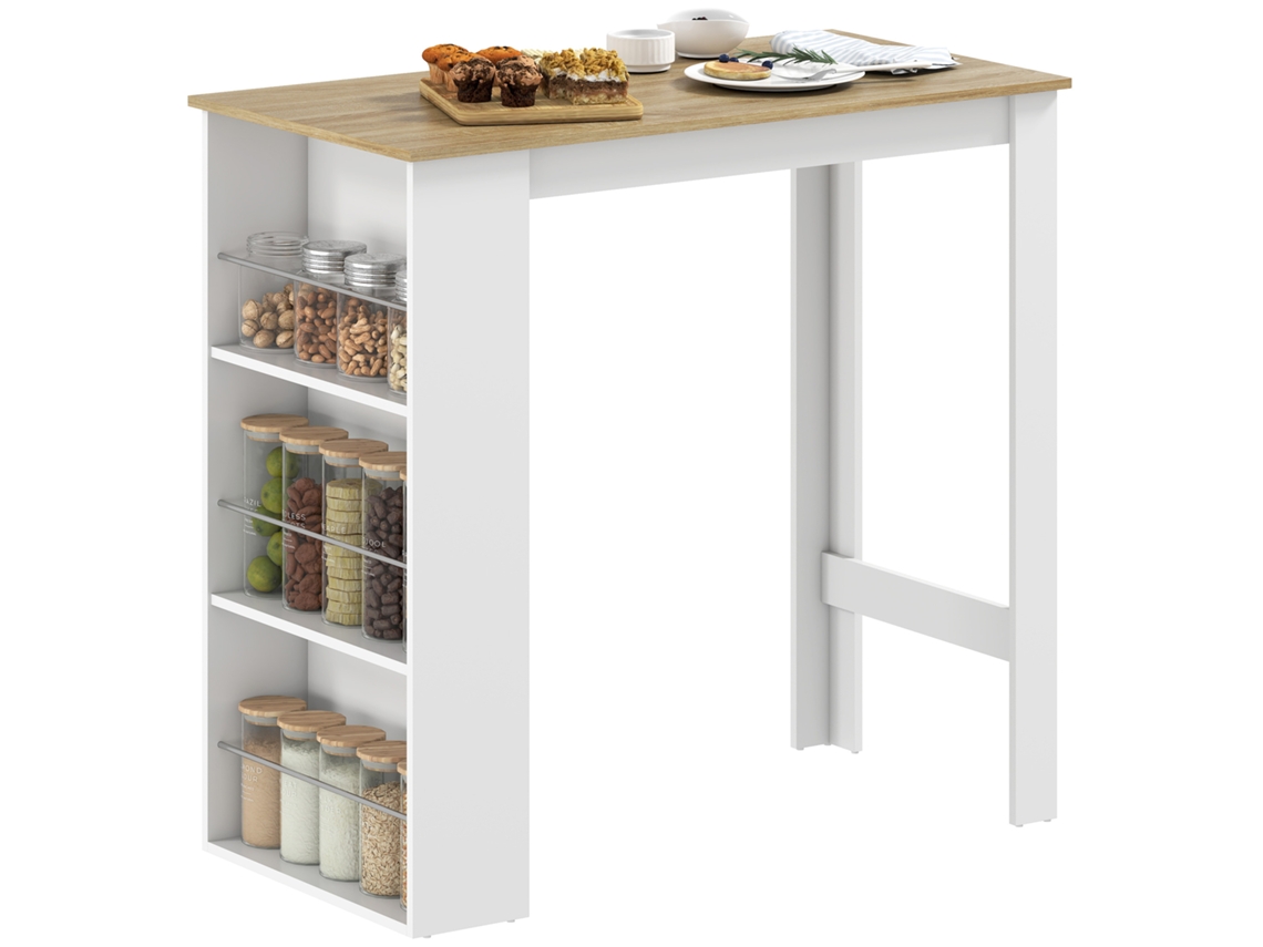 Mesa De Bar, Mesa De Bistrô, Mesa Alta Com 3 Prateleiras Laterais E Estrutura De Madeira, 112x57x106cm, Branco