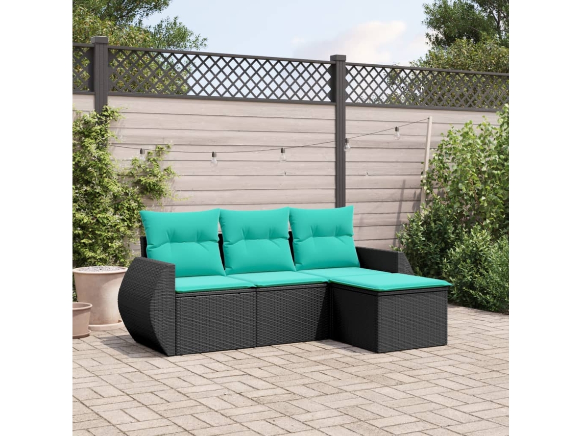 Vidaxl Conjunto De Sofá De Jardim Com 4 Peças E Almofadas Em Rattan Sintético Preto