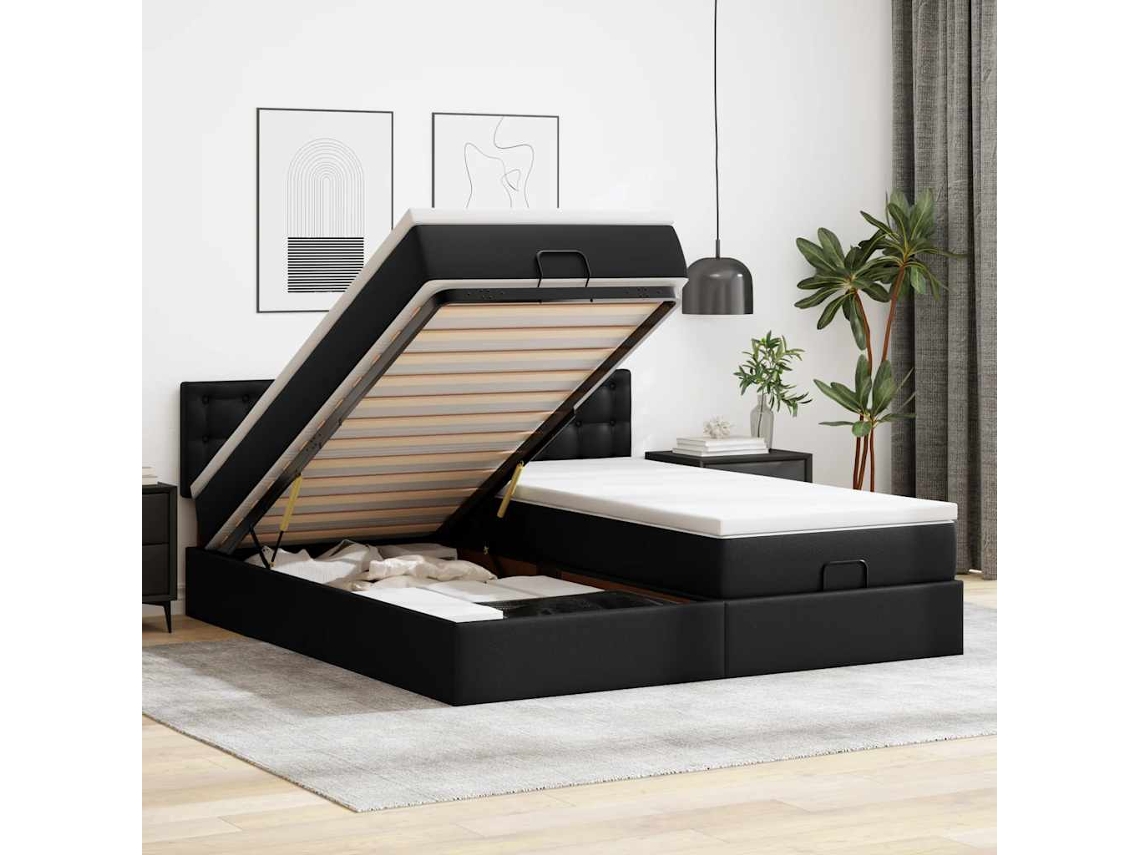 Vidaxl Estrutura De Cama Otomana Com Colchões Pele Artificial Preta
