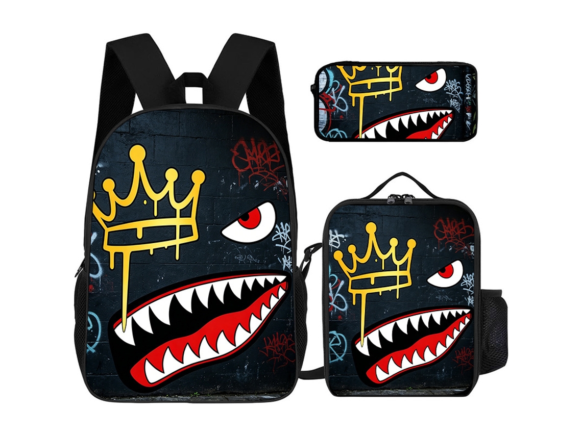 Mochila De Estudante Panoona Tubarão Camuflado Conjunto 3 Peças 17 Pol Crianças Adolescentes Estilo 31