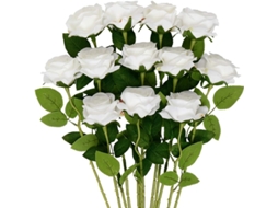 Conjunto de 12 Rosas Artificiais Brancas, Rosas de Seda Artificiais Cor Marfim com Haste Única. AQUAFORGE