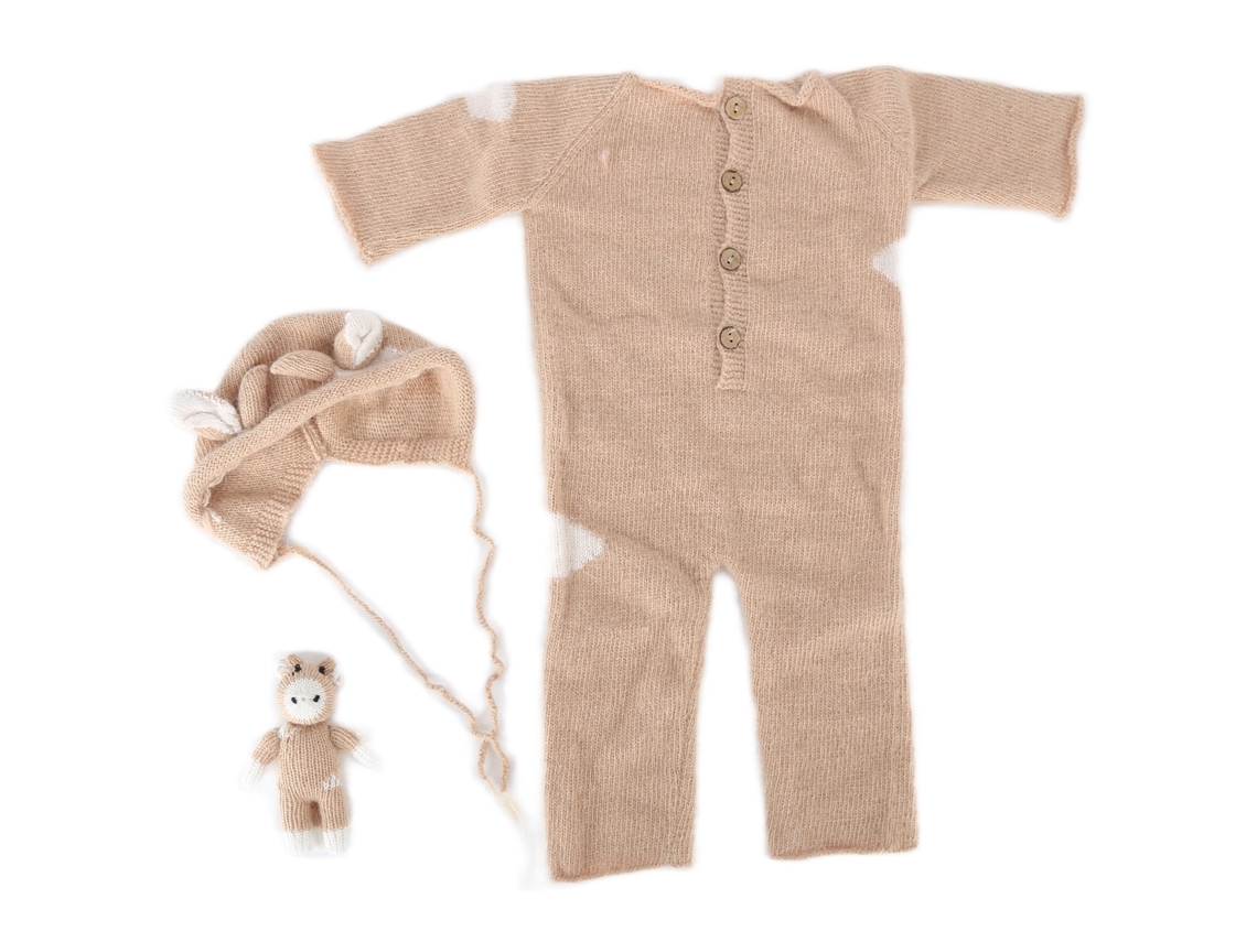 Conjunto de acessórios WalshLXq para fotografia de recém-nascidos em tecido macio, com chapéu e brinquedo, bege claro.