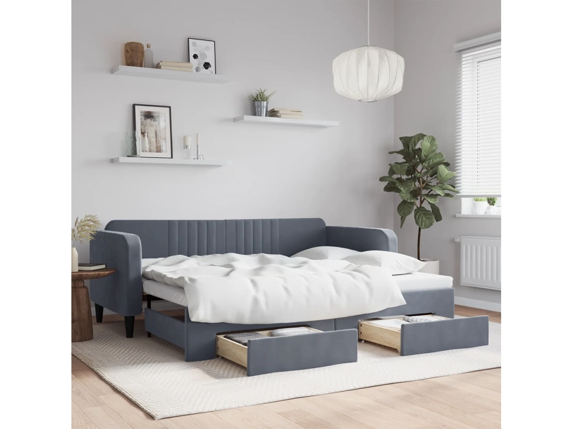 Sofá Cama De Solteiro Com Gavetas Gavetão Lovely Home Madeira Veludo Cinzento (90x200)