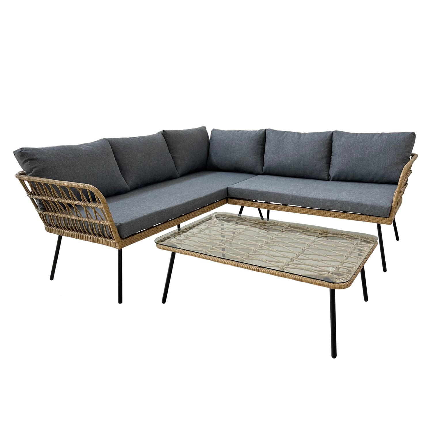 VENPRODIN Conjunto de Móveis de Jardim Sofá de Canto Mesa de Centro Cor Marrom Almofadas Cinza