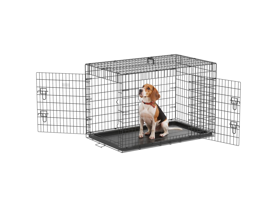 Gaiola Dobrável para Cães Gaiola Média para Cães com 2 Portas, Alça Removível da Bandeja e Estrutura de Aço em Arame 106x68x76 Cm Preta Ge