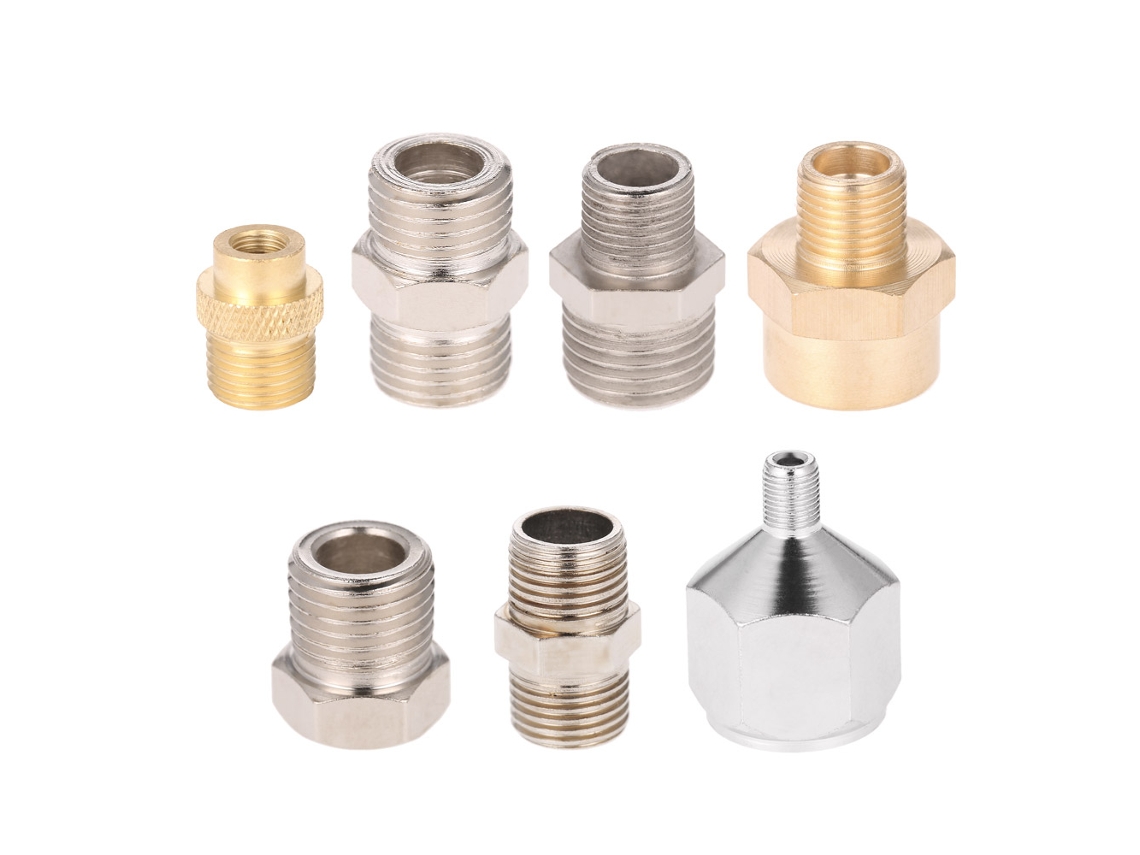Kit profissional de 7 peças para aerógrafo, incluindo adaptadores, conectores de mangueira e compressor.
