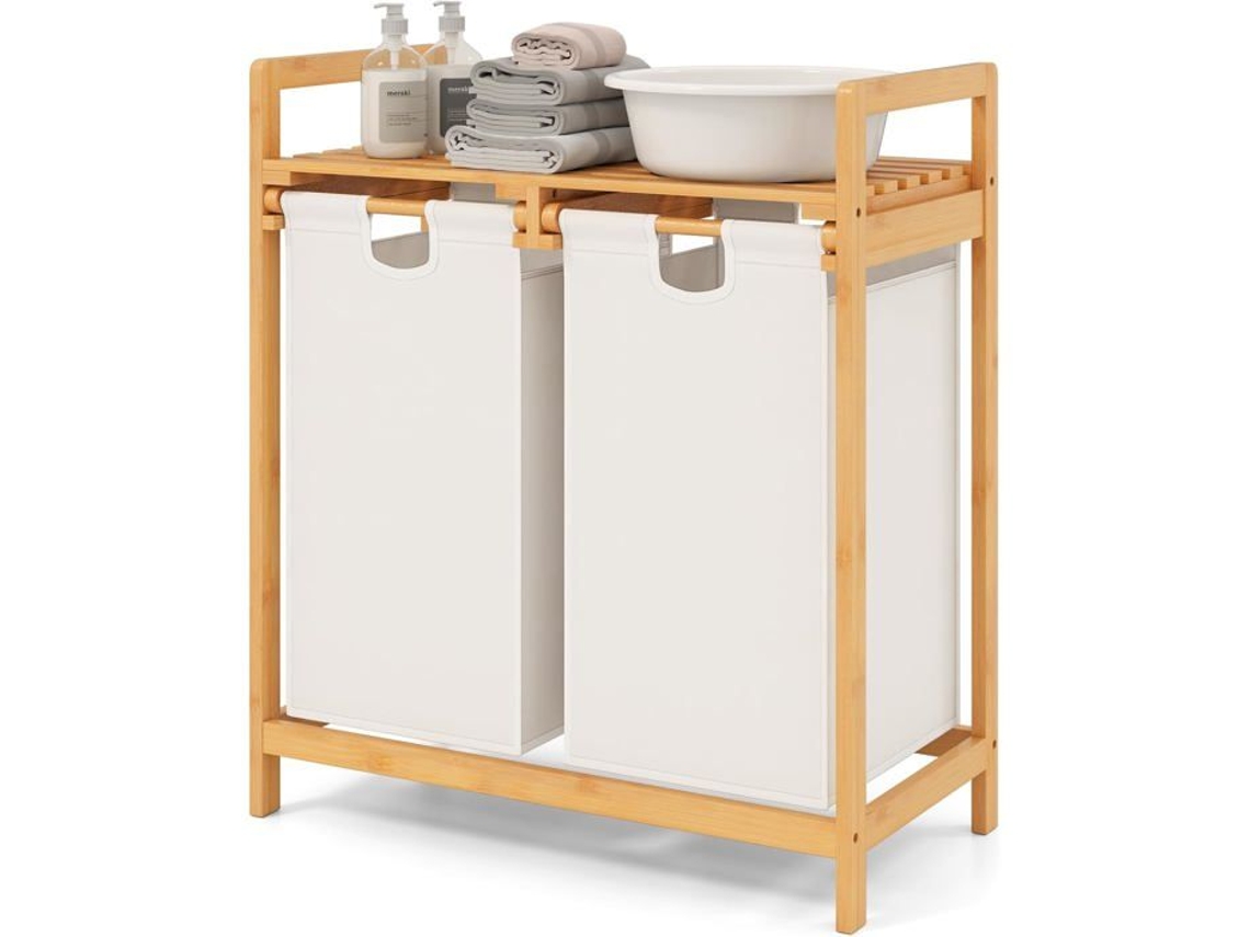 Cesto De Roupa Suja Independente Costway Em Bambu, 64 X 33 X 73 Cm, Com 2 Sacos Para Roupa Suja, Alça E Prateleira Superior, Branco