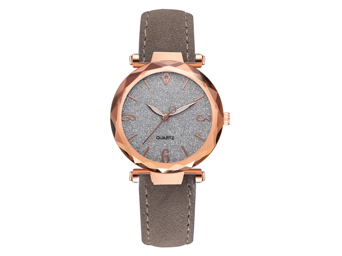 Relógio de Pulso Feminino com Pulseira de Couro Pu, Mostrador Redondo, Quartzo, Cinza