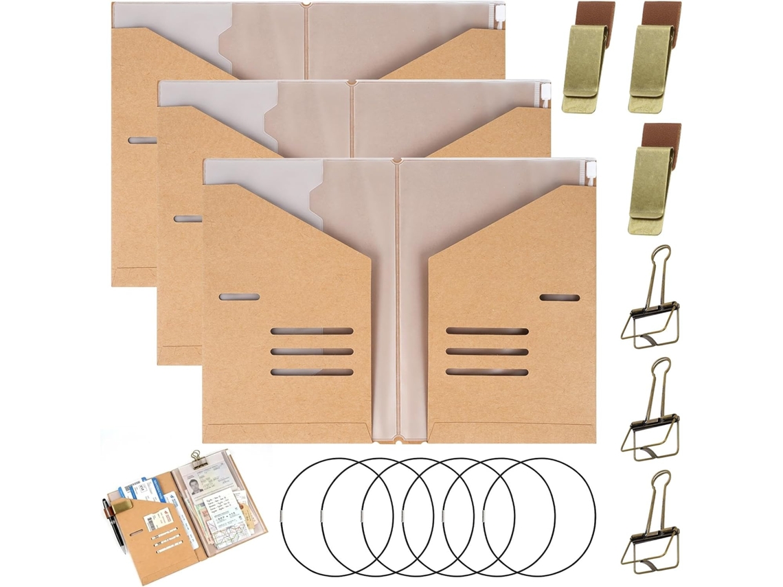 Conjunto De 3 Acessórios Caderno Viagem Tamanho A5, Composto Por 3 Unidades De Cada Pasta Viagem Em Papel Kraft