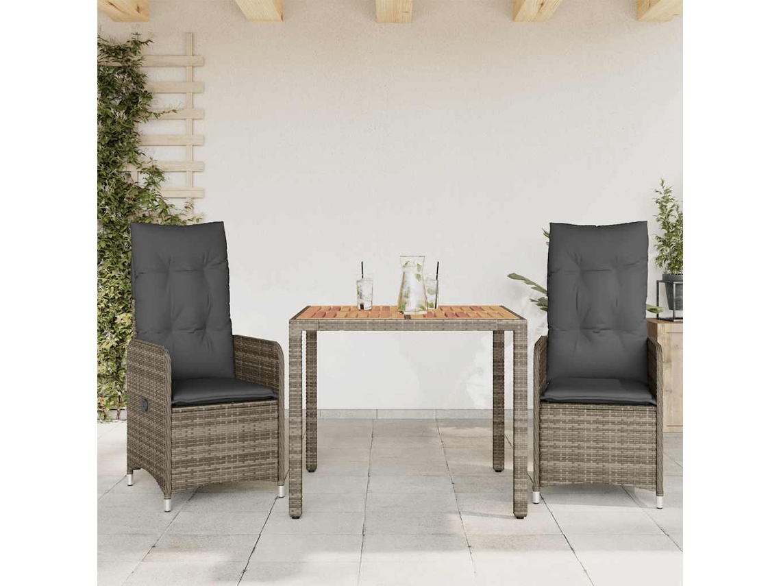 3 Pcs Conjunto de Móveis de Jardim - Conjunto Bistrô de Jardim C/ Almofadões Vime Pe Cinza HARLANV1
