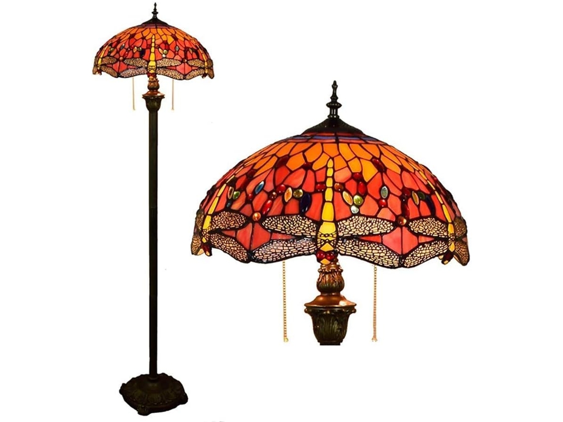 Luminária De Chão Estilo Tiffany Com Cúpula Em Vitral Vermelho Formato Libélula, 162cm De Altura, Para Quarto Ou Sala De