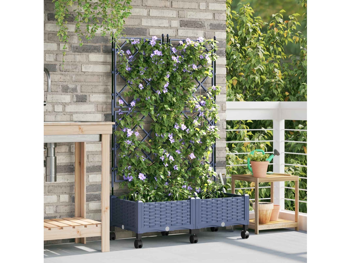 Vidaxl Vaso De Jardim Com Treliça E Rodas 2 Unid. Cinzento Pp