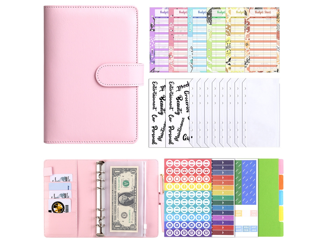 A6 Pu Leather Ring Binder Cover, Macaron Style Home Planner, Pink Includes 12-cash Budget Cards, 8-envelopes, 2-english