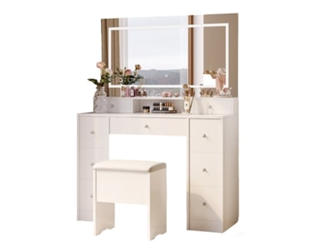 Toucador Com Iluminação, 110x40x150 Cm, Mesa De Maquilhagem Com Espelho, Toucador Com 9 Gavetas E 1 Compartimento Aberto, Banqueta Mexus
