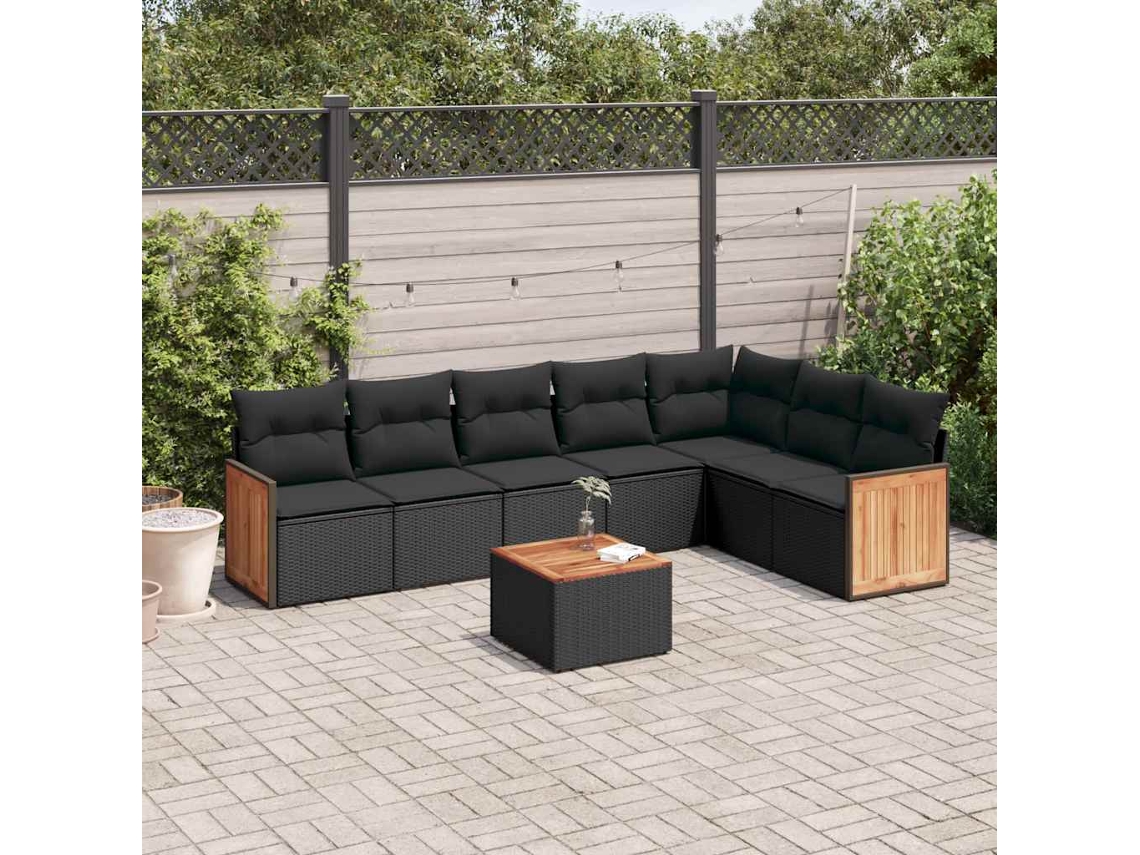Vidaxl 8 Pcs Conjunto Sofás De Jardim Com Almofadões Vime Pe Preto