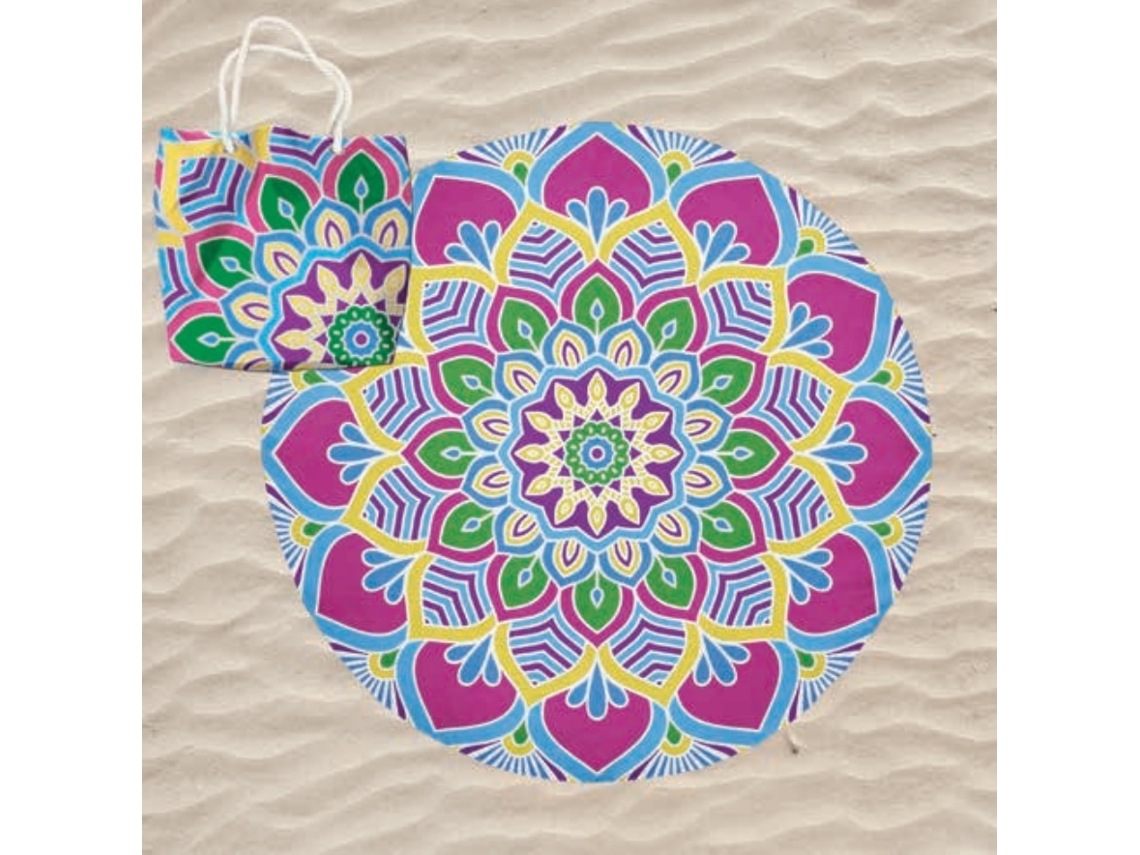 Toalha De Praia Microfibra Redonda Mandala Lótus Multicolorida Com Saco