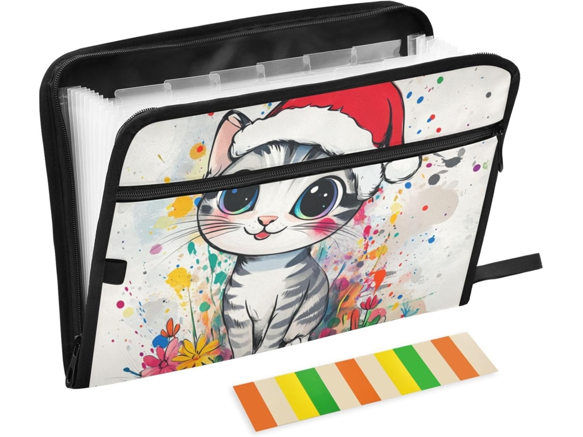 Organizador de Documentos em Papel com Zíper Estampa Gato 13 Bolsos Tamanho A4 Branco 30,5 X 43,2 Cm
