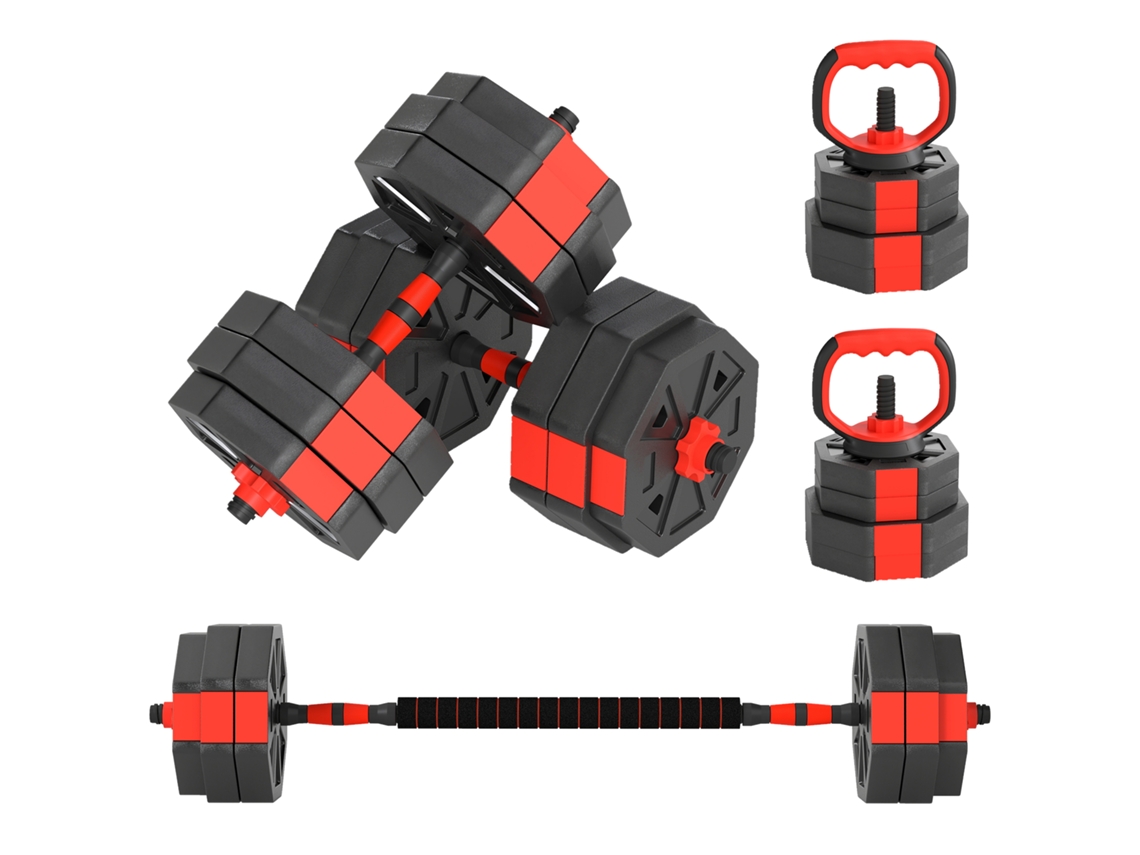 Conjunto de Pesos 4 Em 1 De 30 Kg Em Plástico E Areia, Halteres, Vermelho, Barra E Suporte, Conversível Em Kettlebell