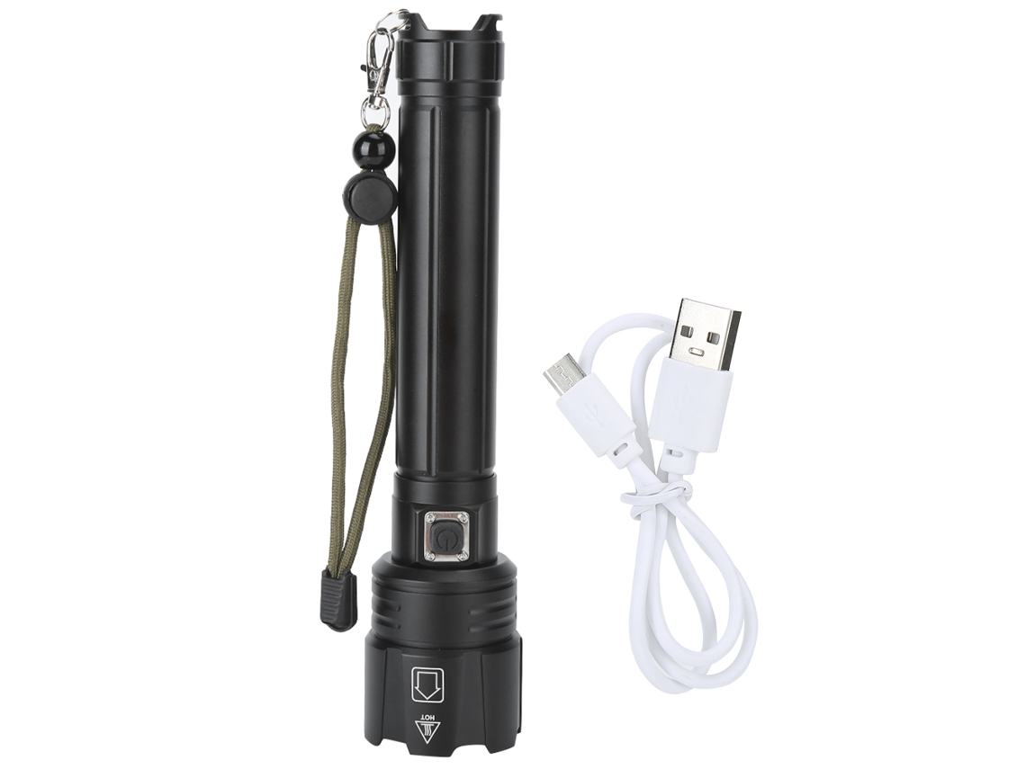 Lanterna LED P90 ultrabrilhante 2026, à prova d'água IPX4, com carregamento USB, zoom e pano de limpeza para camping, Ao Ar Free Preta