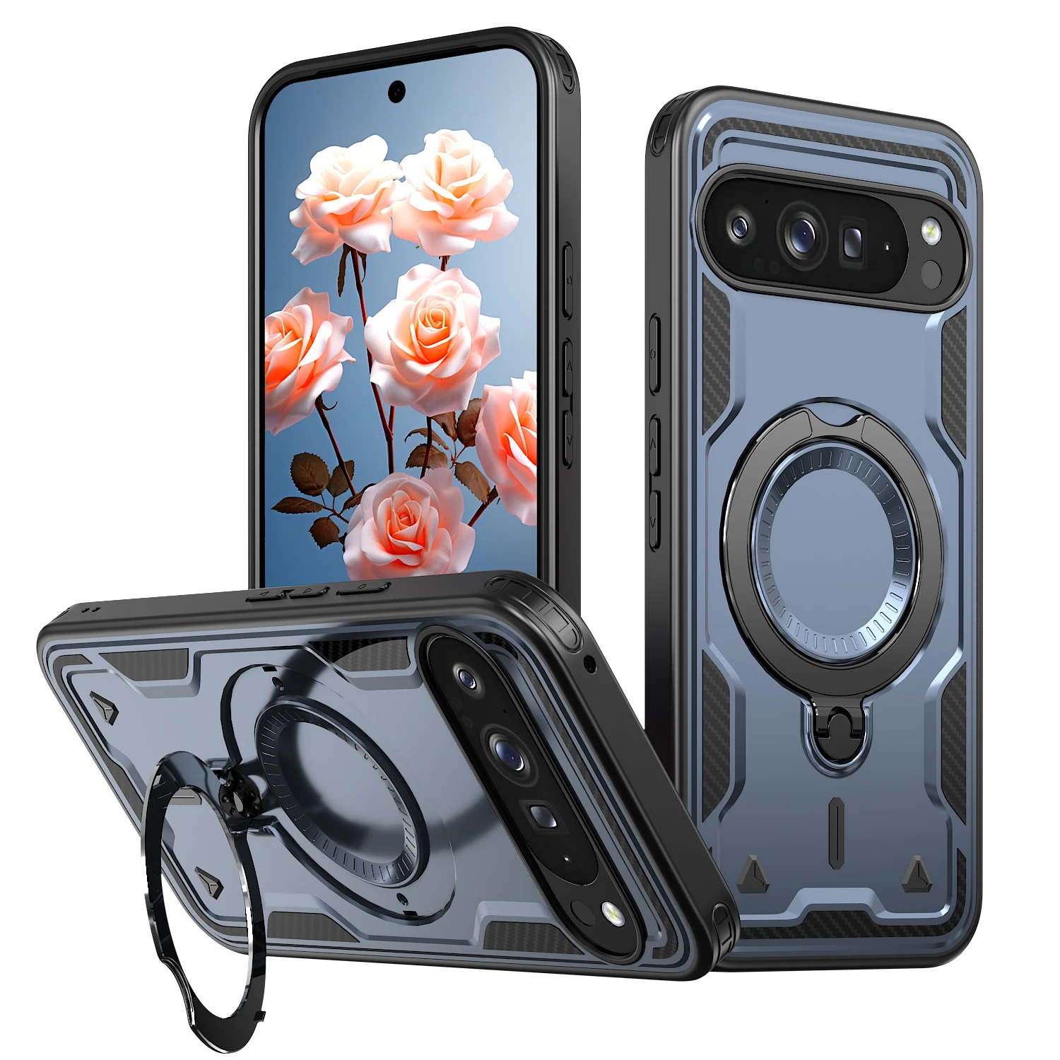 (azul, Google Pixel 9) Capa Antichoque Com Suporte Veicular E Apoio (kickstand) Giratório De 360°
