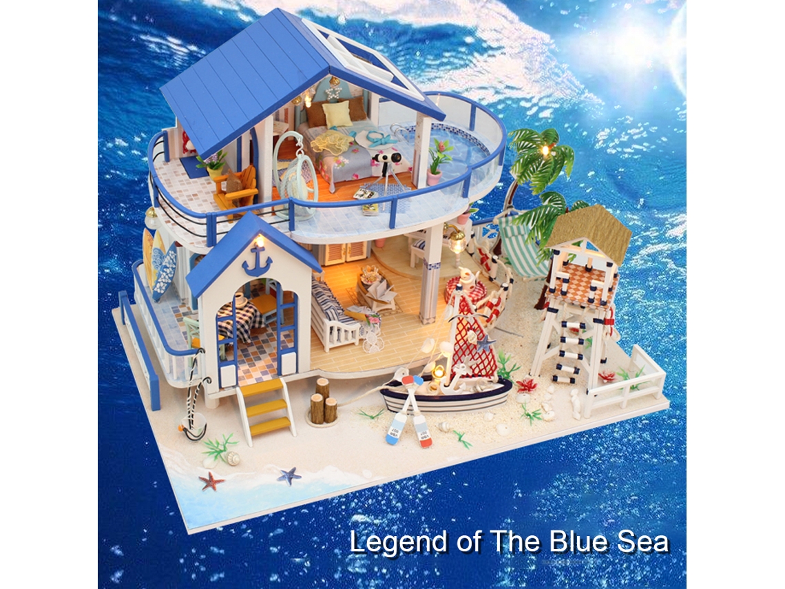 Primerox kit Casa de Bonecas Miniatura Diy de Madeira com Móveis e Luz Led Lenda do Mar Azul