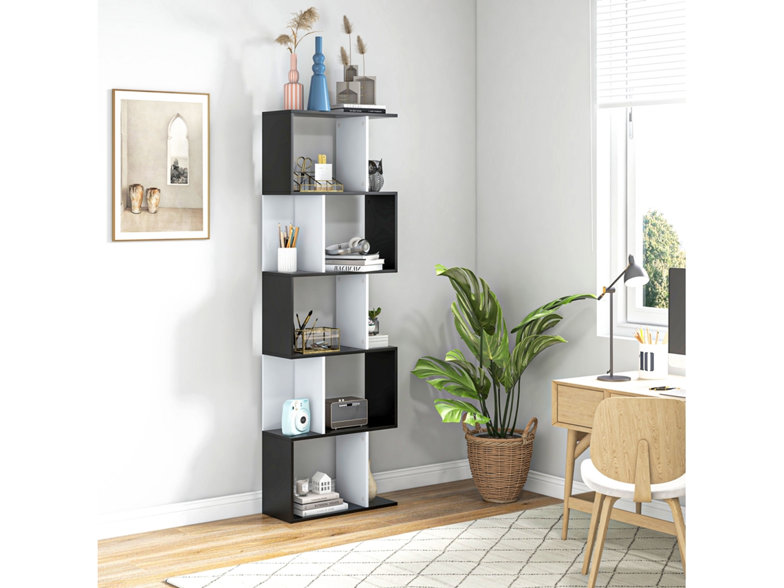 Estante alta em formato de S com 5 prateleiras, design moderno para sala de estar ou escritório, 60x24x184,5cm, preto e branco.