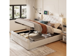 Cama Casal 160x200 Cm Com Sistema Elevável A Gás, Lâmpadas De Leitura Led, Tomada Ue E Usb, Cama Estofada Em Veludo Com Arrumação, Bege