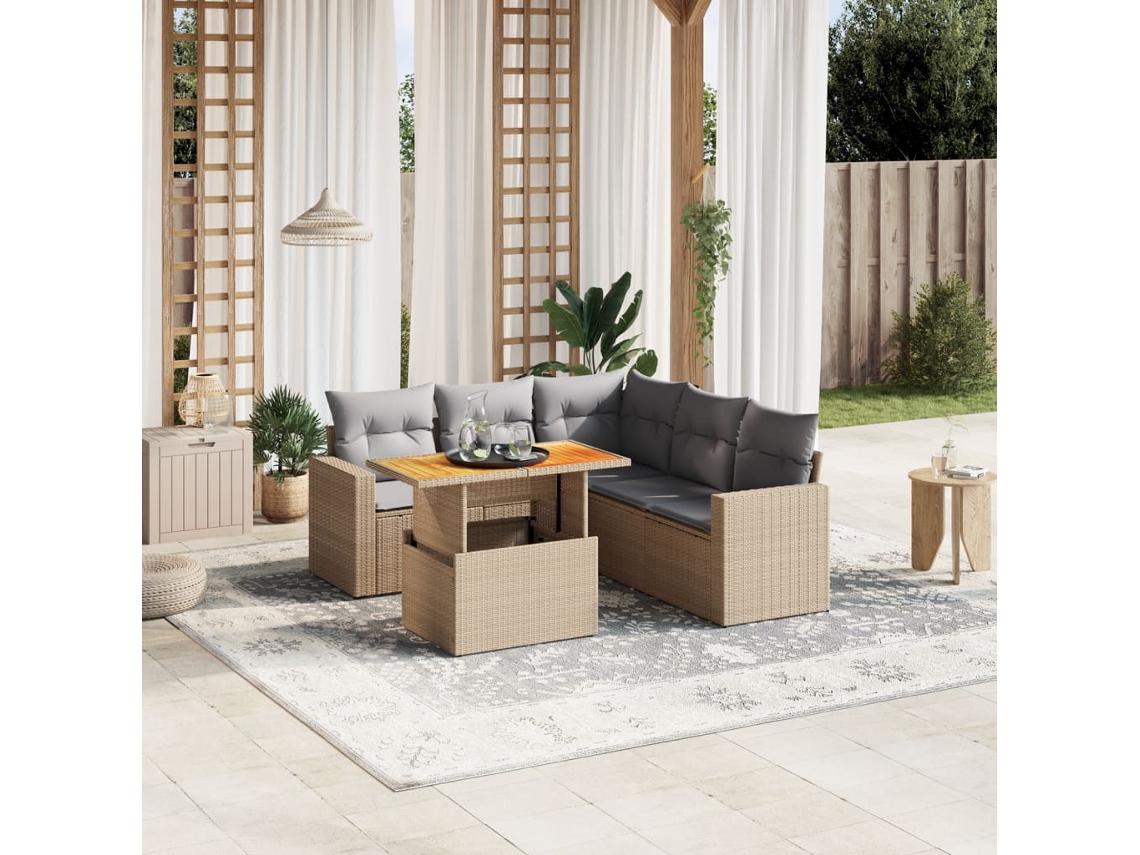 Vidaxl 6 Pcs Conjunto De Sofás P/ Jardim Com Almofadões Vime Pe Bege