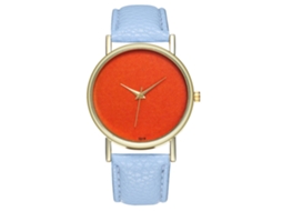 Relógio de Pulso Casual Feminino Simples Elegante Quartz com Esfera Laranja e Pulseira de Couro Pu Azul Claro