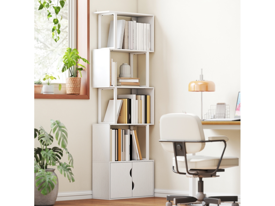 Estante de 5 Níveis em Forma S Prateleira Livros com 5 Prateleiras e 2 Portas 60x23.8x179.2 Cm Branco