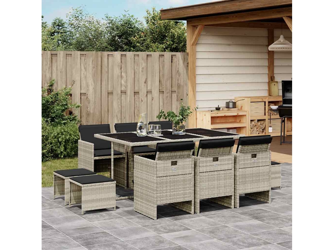 Vidaxl 11 Pcs Conjunto Jantar P/ Jardim C/ Almofadões Vime Pe Cinzento